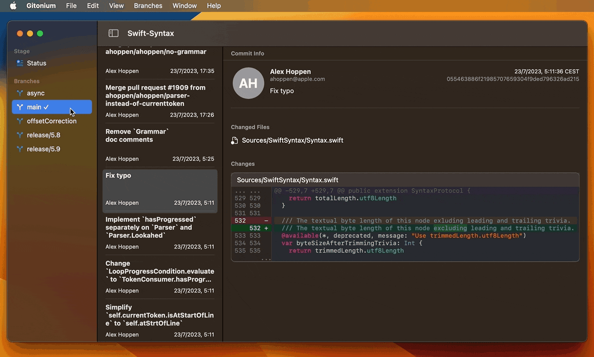 An animated gif showing how to resolve a merge conflict in Gitonium