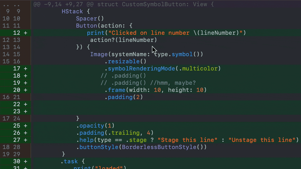 A screenshot of unstaging single lines in Gitonium